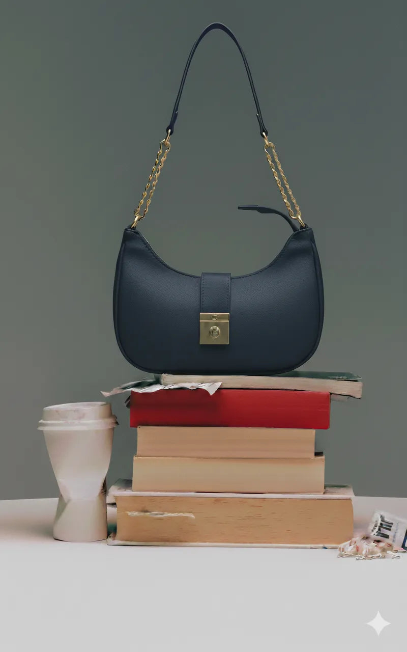 Blue handbag on a stack of books with a gray background