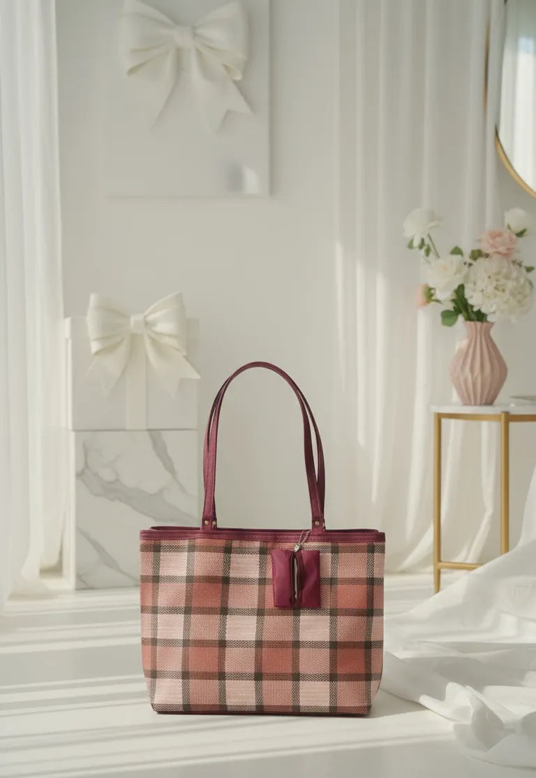 Plaid handbag with a pink handle on a white surface with decorative elements.