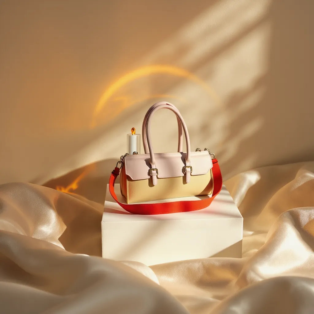 Designer handbag with red handle on a white pedestal against a beige background