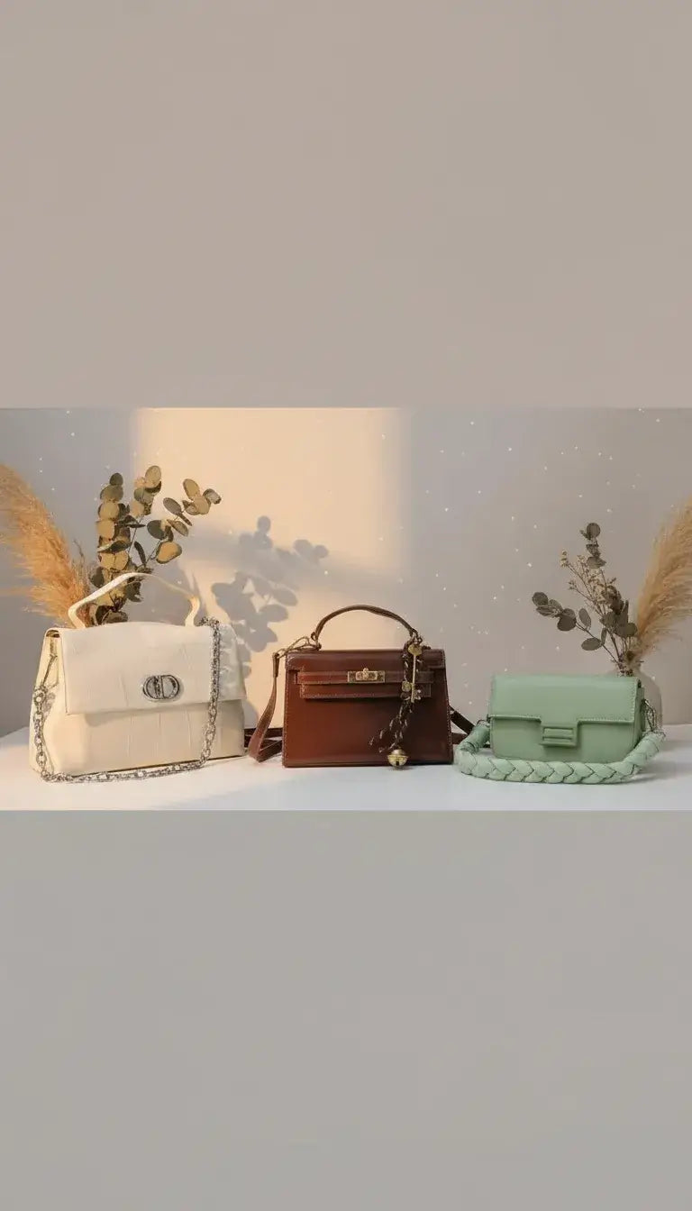 Three handbags in white, brown, and green on a light gray surface with a neutral background.