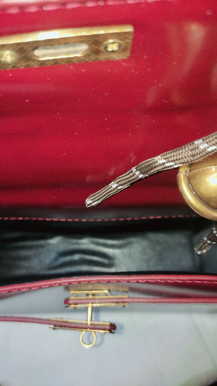 Close-up of a red handbag with gold accents on a light gray background