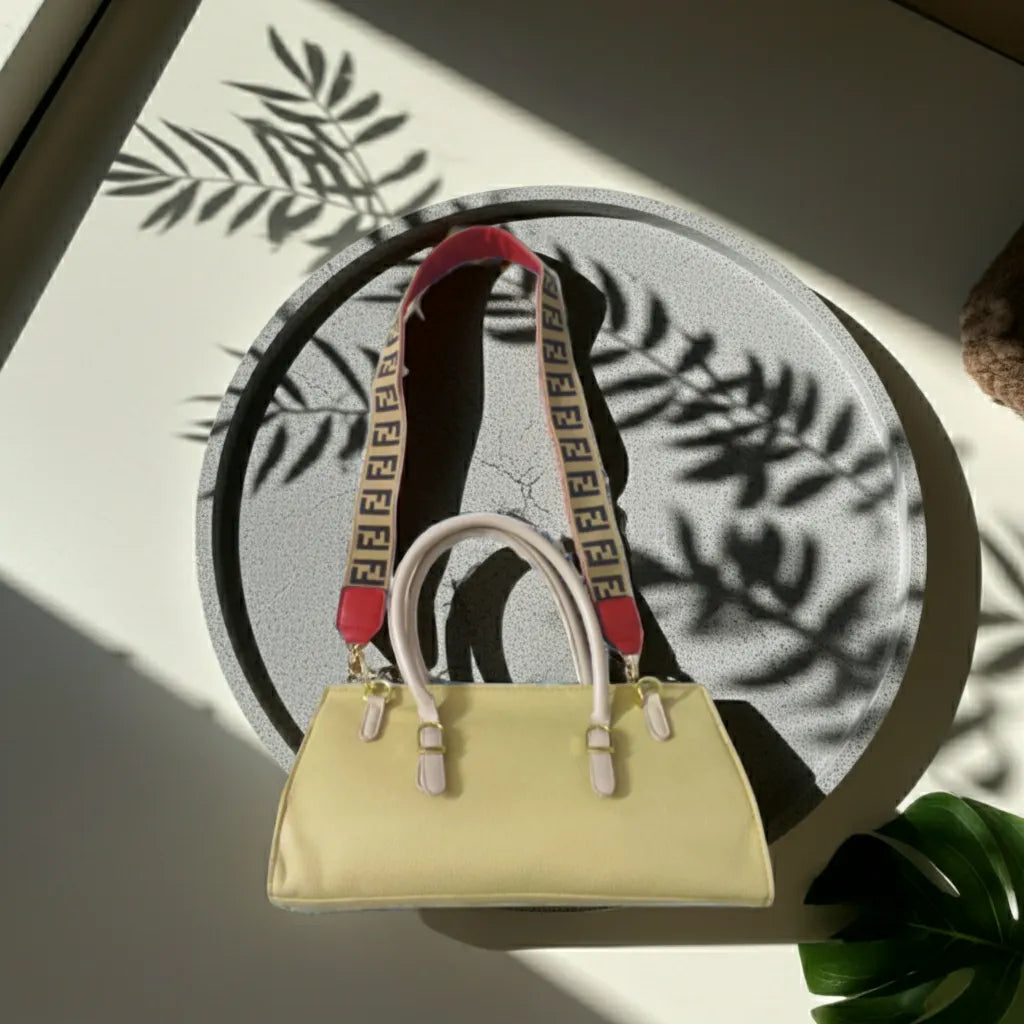 Beige handbag with a patterned strap on a white surface with leaf shadows