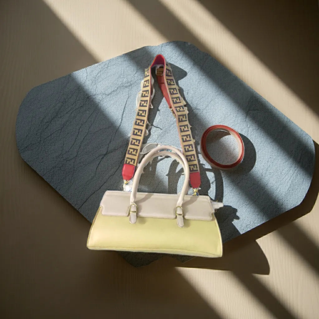 Light green handbag with a red and beige strap on a textured surface